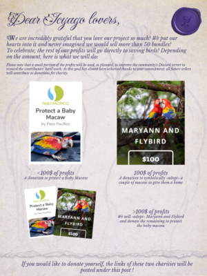 Support our zine, and the profits exceeding our contributor perks will go to baby macaws in the wild!
