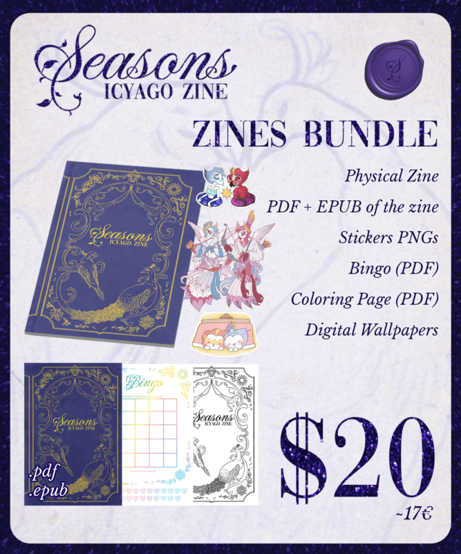 Seasons Icyago Zine Bundle image, which displays: The printed zine (1) Digital zine copy (PDF/Epub) Bingo Sheet Coloring Sheet 3 digital stickers Wallpaper