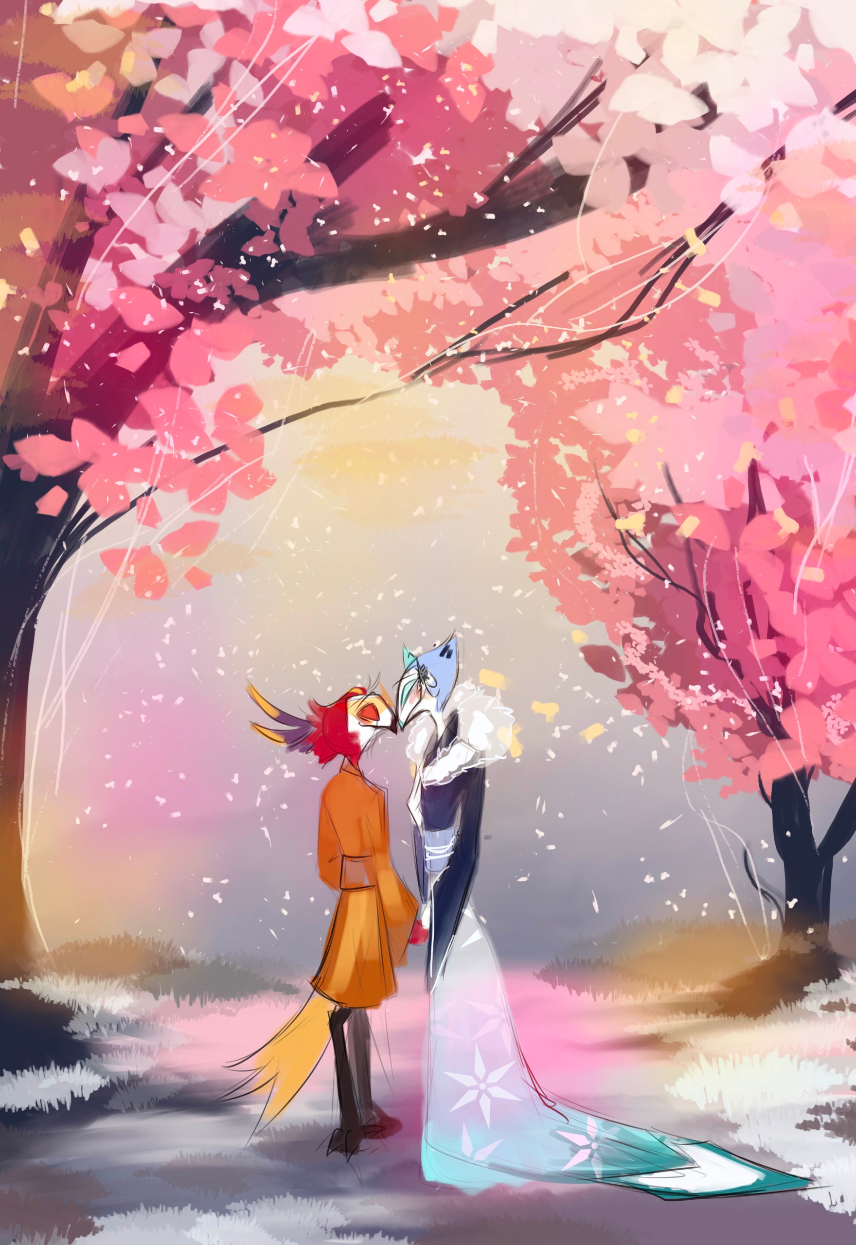 andy and vassago standing under cherry trees with blossoms falling
